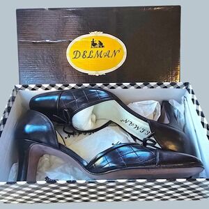 Delman Black Leather Quilted D'Orsay Pumps 9M – Made in Spain – Bow Detail – NIB